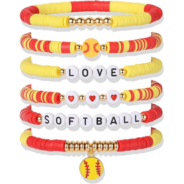 YanonmyfdWorld Soccer Game-day Cup Bracelet Stack Set 7pcs Softball/Baseball/Basketball/Soccer/Volleyball/Tennis/Football Stretch Sports Fans Jewelry Sports Beaded Bracelets with Charms,Q-Softball