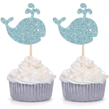 12pcs Blue Glitter Whale Cupcake Toppers Baby Shower Birthday Party Sea Creature Decorations