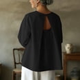 thumbnail image 2 of Lenpel Women's Tops 3/4 Length Sleeve Crew Neck Open Back Pleated T-Shirts Loose Tunic Blouses Trendy Casual Tees, 2 of 7