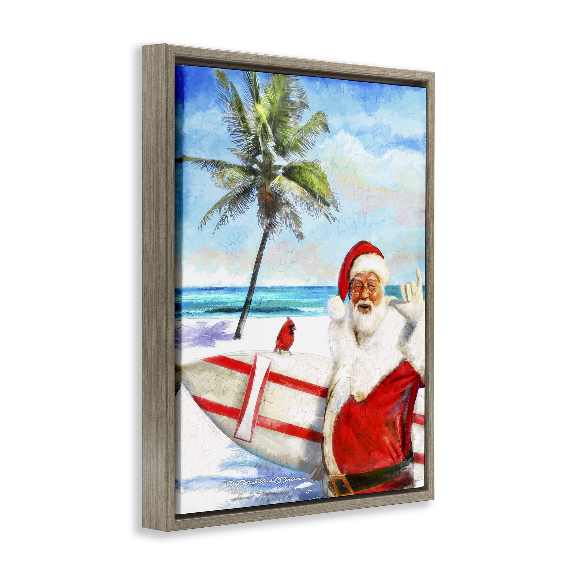 Stupell Industries Surfing Santa at Beach Holiday Painting Brown Floater Framed Canvas Art Prints Wall Art, 17 x 21
