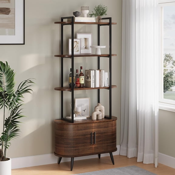 Kuublock 69" Tall Bookcase, 4-Tier Bookshelf with Sliding Door Storage Cabinet, Modern Freestanding Bookcase with Fixed Feet for Living Room, Bedroom, Home Office, Walnut