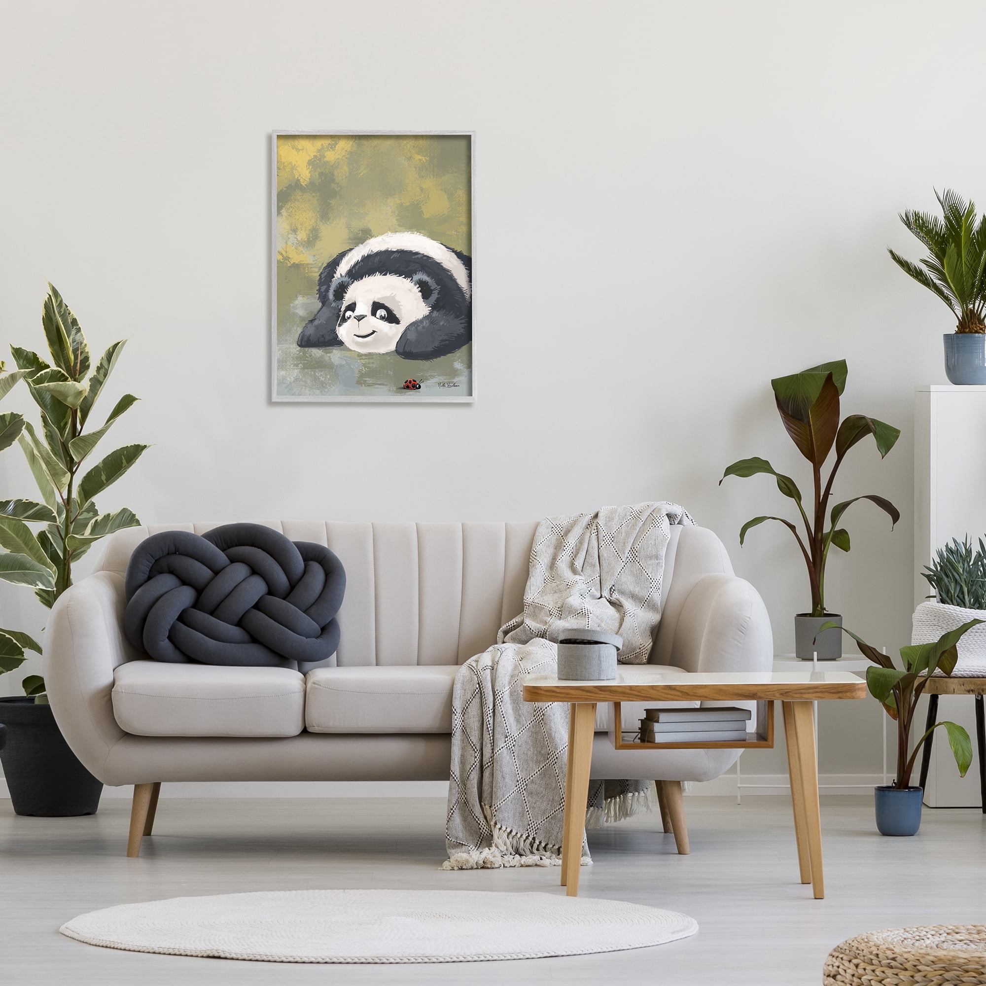 Stupell Industries Panda Watching Ladybug Animals & Insects Painting Gray Framed Art Print Wall Art, 24 x 30