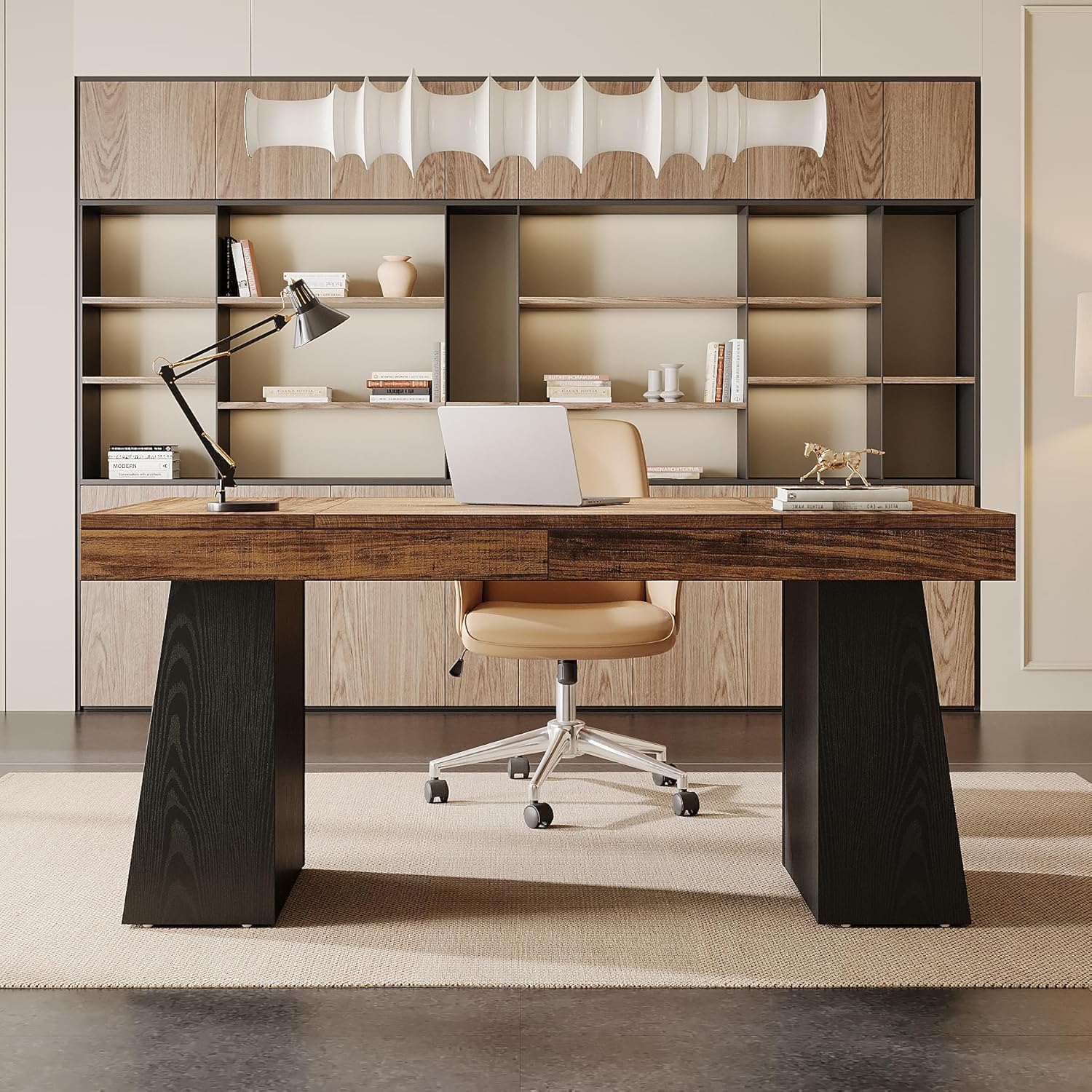 Tribesigns 55" Home Office Desk, Mid-Century Modern Executive Desk, Wood Computer Desk, Black & Brown
