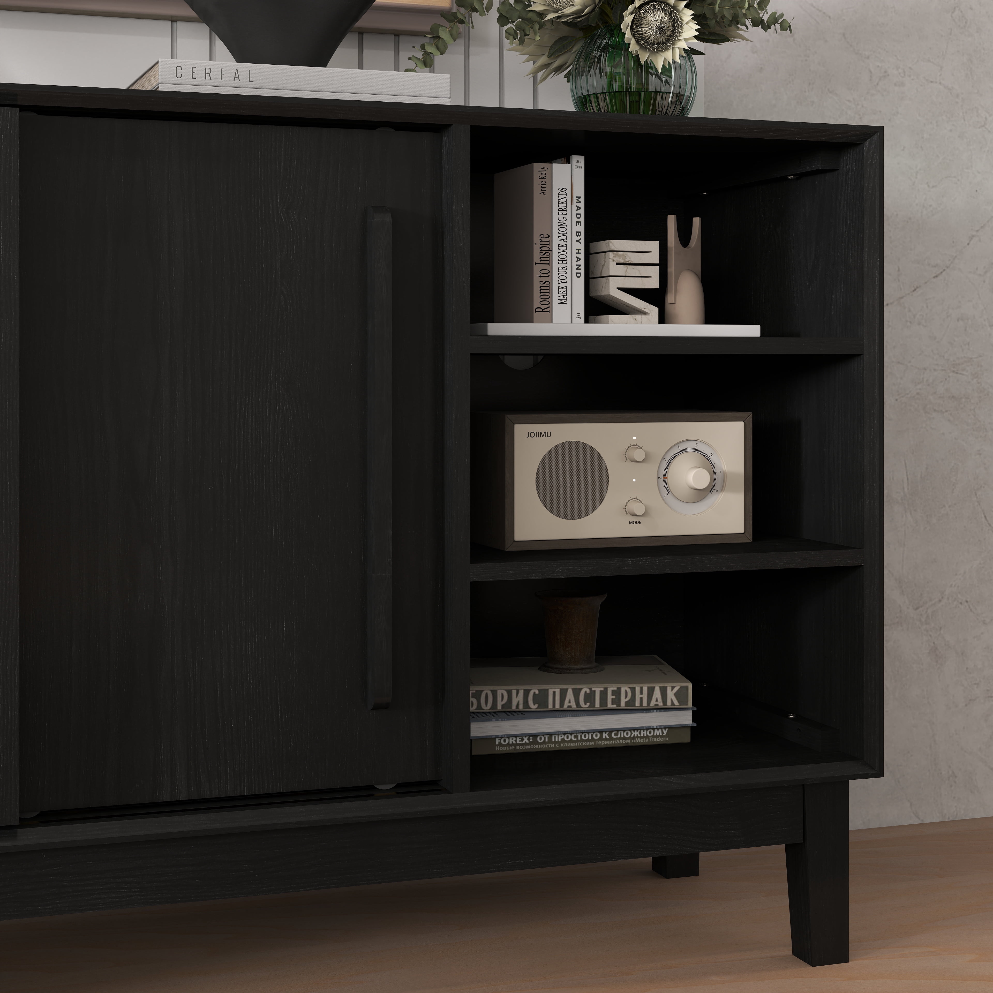 47.3" Sideboard Buffet Cabinet with Storage, Farmhouse Fluted Sideboard with 2 Doors & Solid Wood Feet, TV Media Console, Storage Cabinet for Kitchen Dining Living Room Entryway Hallway, Black