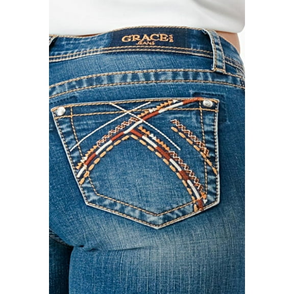 Grace in LA Women's Heavy Stitching Embroidered Pockets Distressed Bootcut Jeans (25, Blue Stonewashed)
