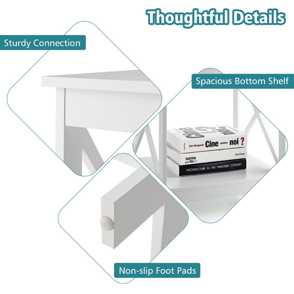 Finihen End Side Table, 2-Tier Side Table with X-shape Design and 4 Solid Legs, Bed Side Table, for Living Room, Bedroom, White Finihen End Side Table, 2-Tier Side Table with X-shape Design and 4 Solid Legs, Bed Side Table, for Living Room, Bedroom, White