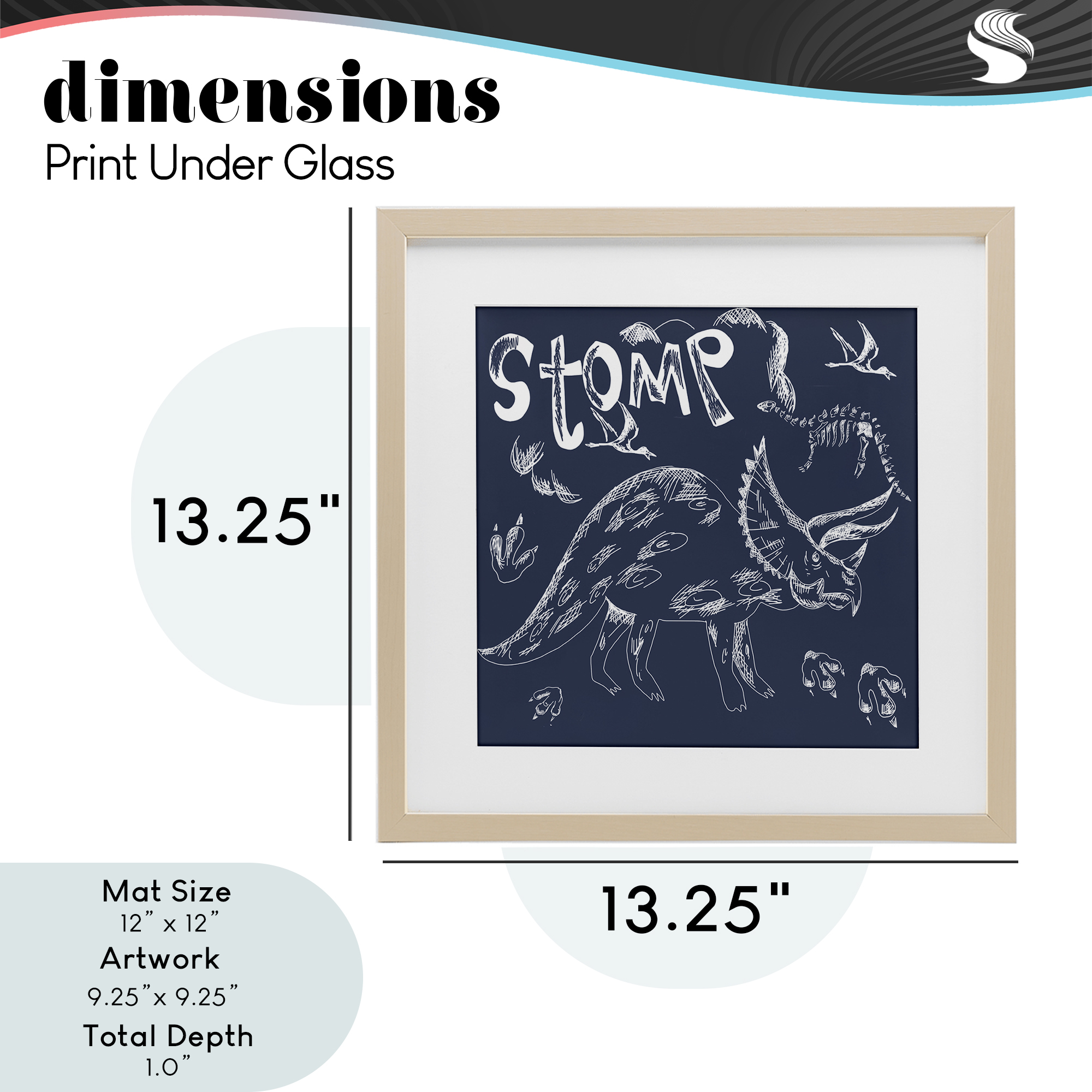 Sketchy Stomp Dinosaur Birch Framed Print Under Glass, design by HUE and MI and Sangita