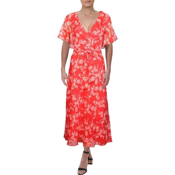 Lauren Ralph Lauren Womens Georgette Floral Print Tie Front Midi Dress Red 14
