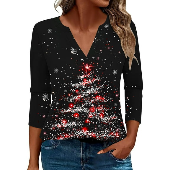 Christmas Tops for Women Fall Tops 2025 Trendy Dressy Casual Vneck 3/4 Sleeve Shirts Work Black Blouses Button Up
