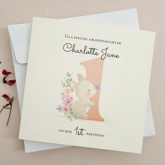 Personalized 1st Birthday Card for Granddaughter – Adorable Bunny & Floral Design – Special Keepsake for Charlotte Jane – Includes Envelope – Perfect for Celebrating Milestones