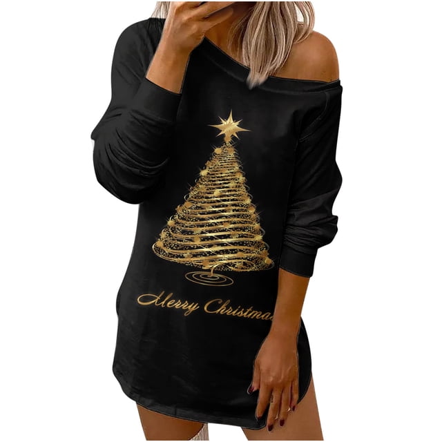 Camiseta sin tirantes de manga larga hueca con cuello inclinado suelto con estampado navideño para mujer Fridja FKASFK635