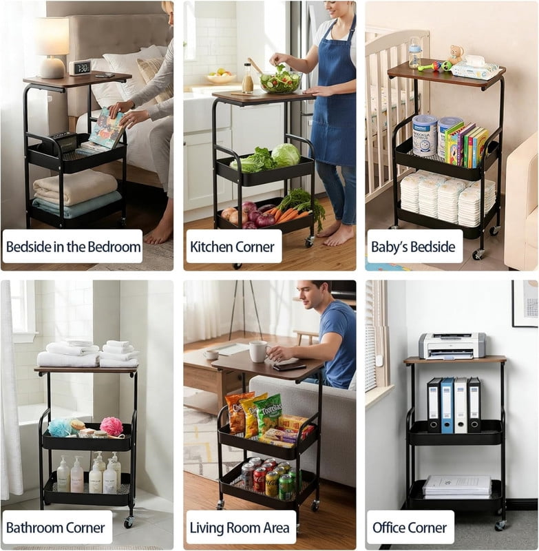 3-Tier Rolling Kitchen Serving Cart on Wheels, Metal Utility Cart with Walnut-Textured Top and Storage Backet, Kitchen Storage Rack Printer Stand