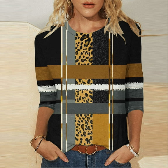 LYEAA Striped 3/4 Sleeve Tops for Women Soft Cotton Crew Neck T-Shirt Loose Fit Casual Summer Tops with Elastic Waistband Trendy Print Design Brown XXXL