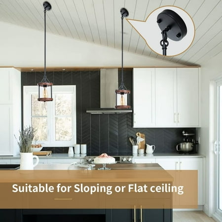 

MANXING Farmhouse Pendant Light Rustic Walnut Wood Metal Cage Hanging Light Fixtures with Glass Adjustable for Flat and Slop Ceiling Pendant Lighting for Kitchen Island Foyer Hallway 2-Pack