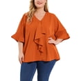 thumbnail image 1 of Women's Plus Size Ruffle Blouse V Neck Smocked Sleeves Top Caramel 1X, 1 of 6