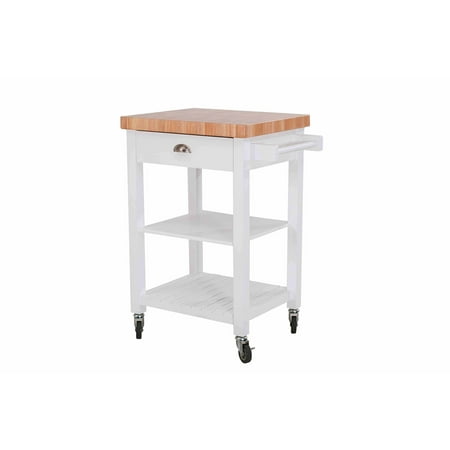 Bradford Furniture Collection SJ Collection Bedford Kitchen Cart on Wheels, Rolling Island Cart with Drawer and Storage, Wood Top Trolley, White ()