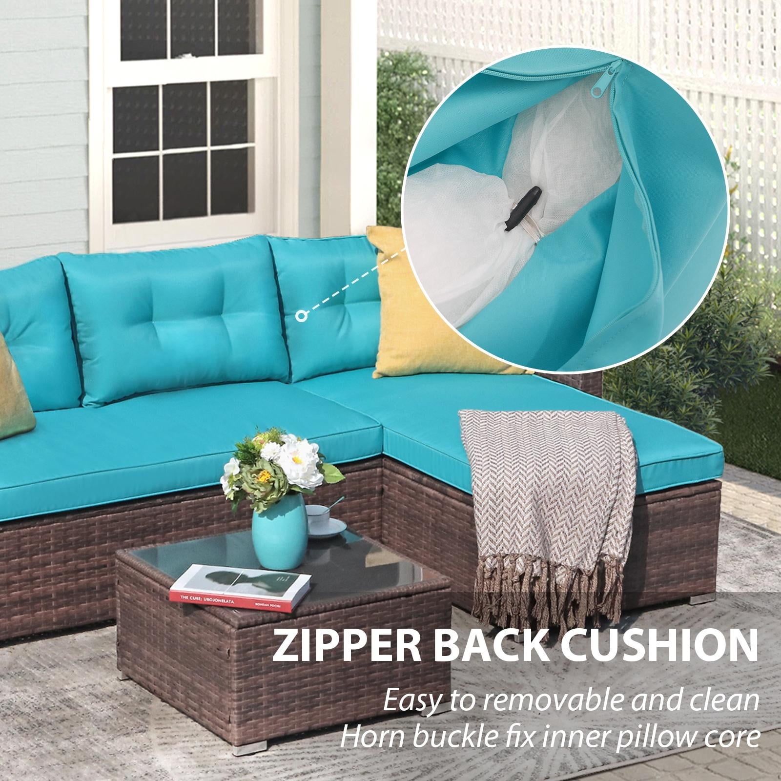 JOIVI Patio Set, PE Wicker Rattan Outdoor Conversation Set, Tempered Glass Coffee Table, Blue