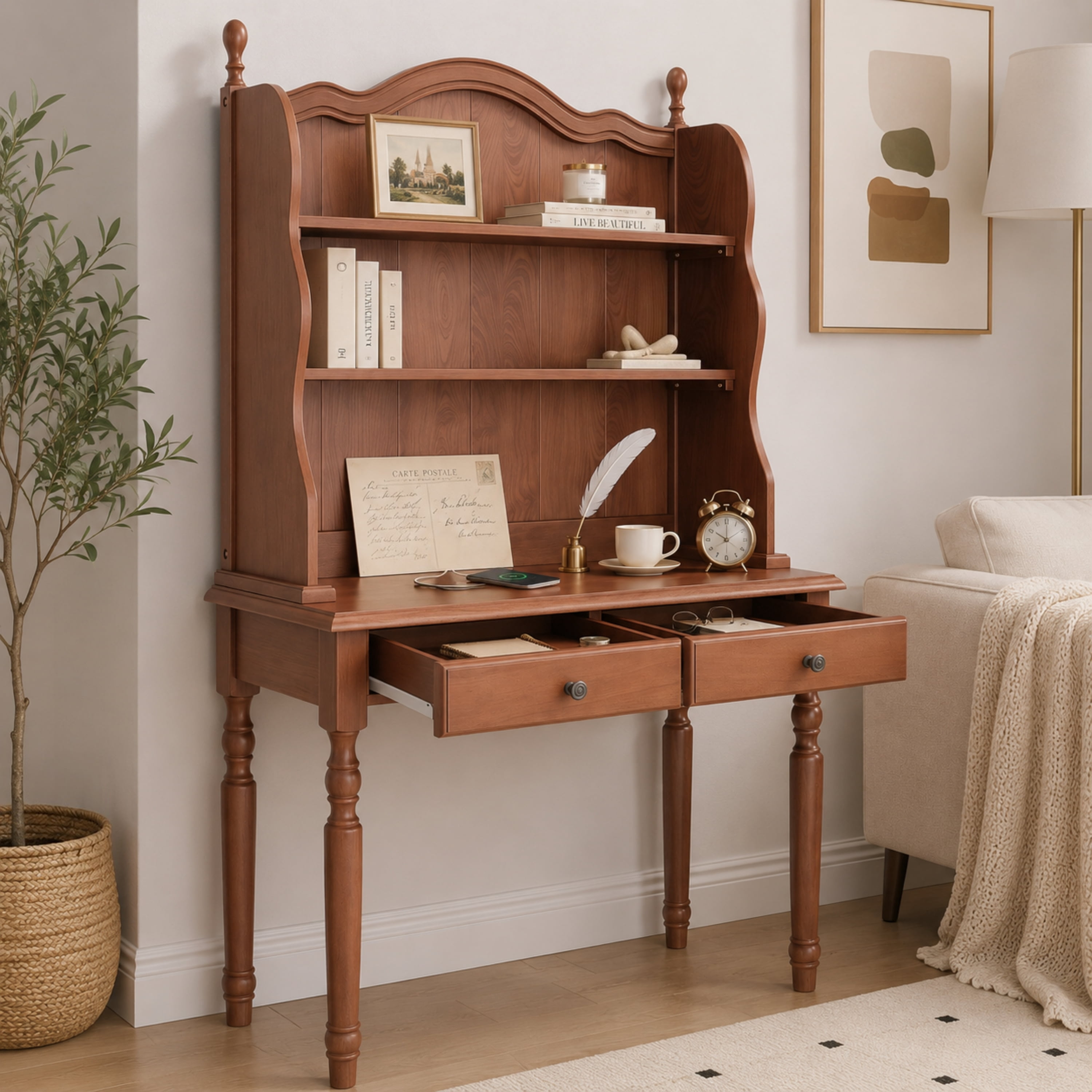 Euroco Mid-Century Computer Desk with Hutch and 2 Drawers, Wood Writing Desk Dressing Table,Study Workstation Table for Home Office Bedroom,Small Space,Walnut