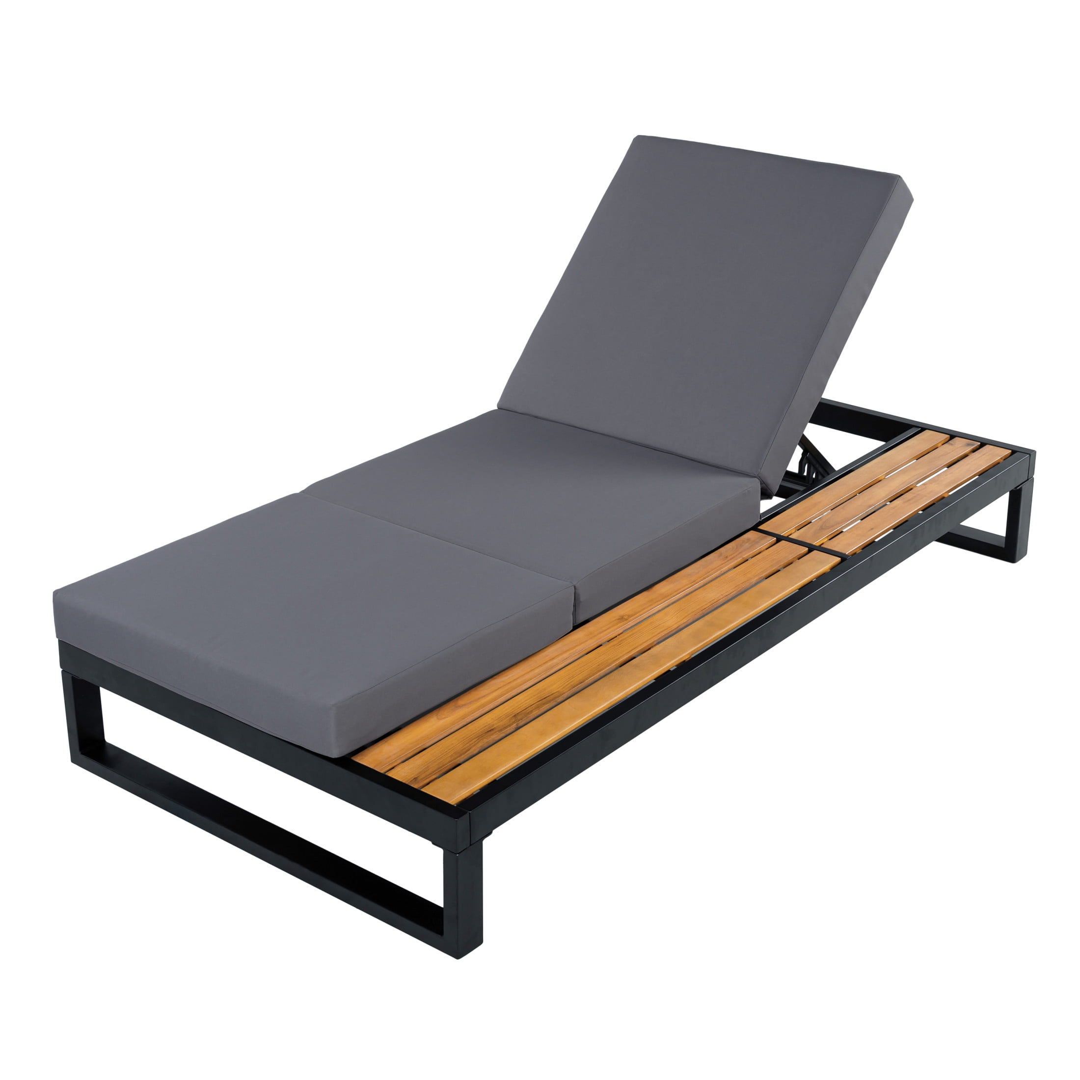 Christopher Knight Home Outdoor Chaise Lounge with 3-Fold Dark Gray Cushion, 5-Position Recliner, Black