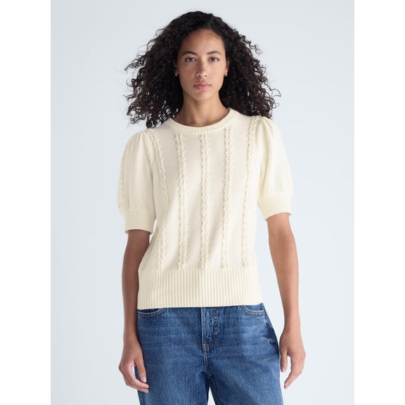 Free Assembly Women's Ribbon Cable Knit Sweater with Short Sleeves, Lightweight, Sizes XS-XXL