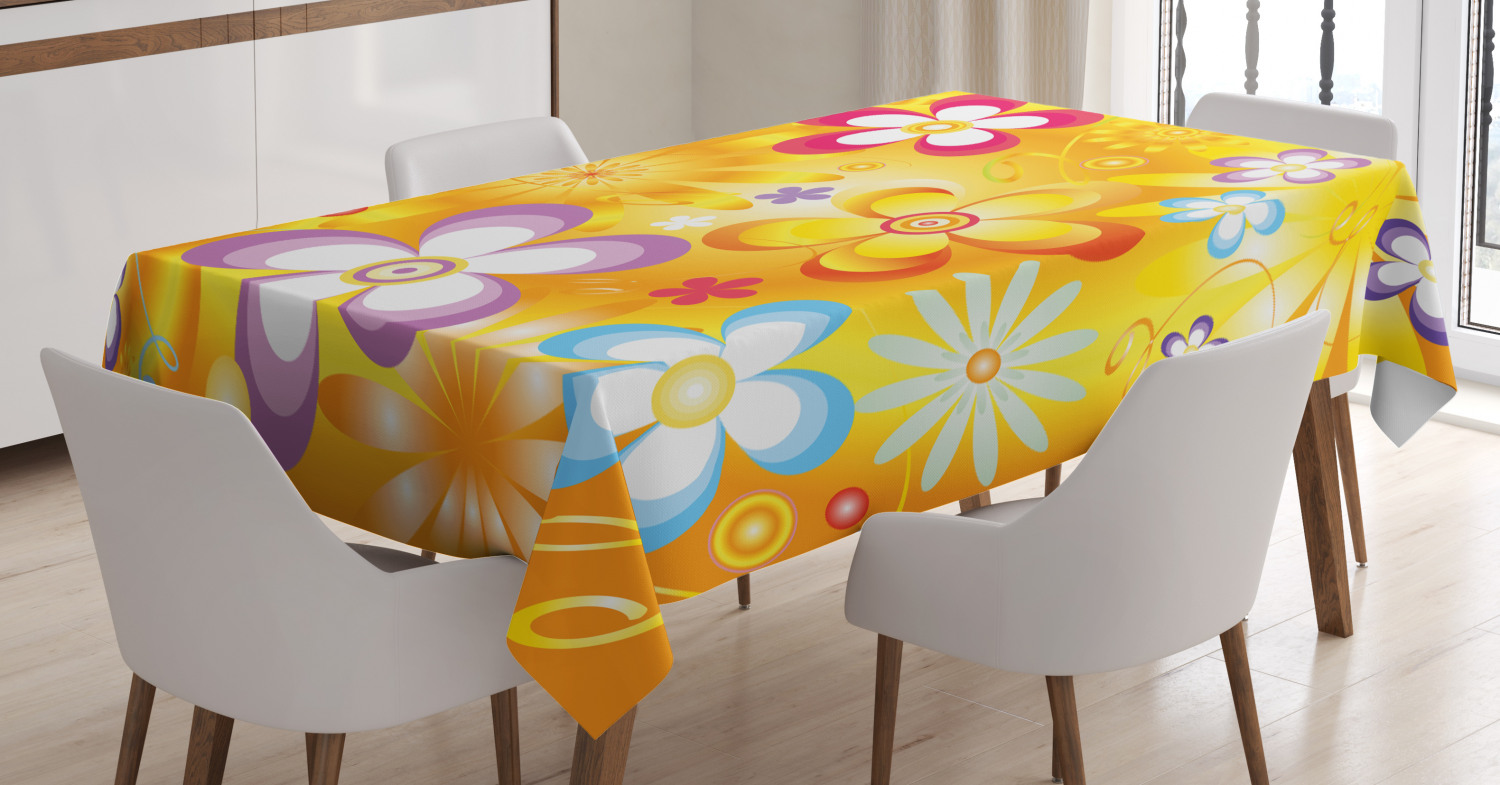 Floral Tablecloth, Abstract Graphic Flowers Daisies Vibrant Colors Cheerful Spring Nature