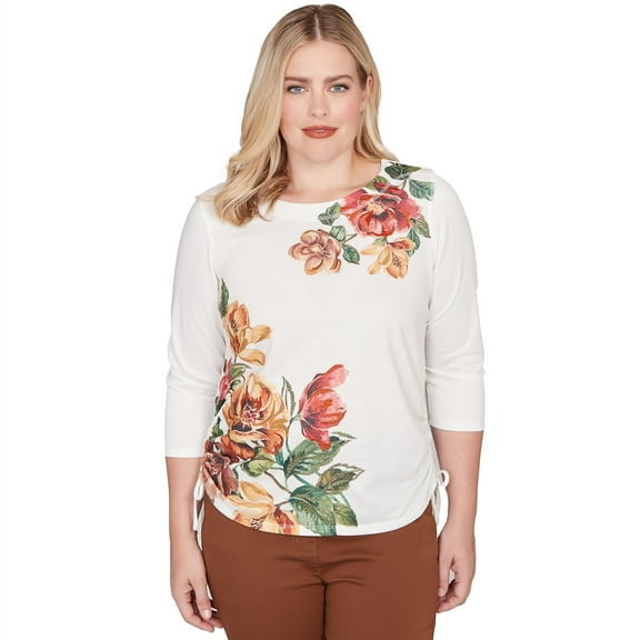 Alfred Dunner Womens Asymmetric Floral Side Tie Top