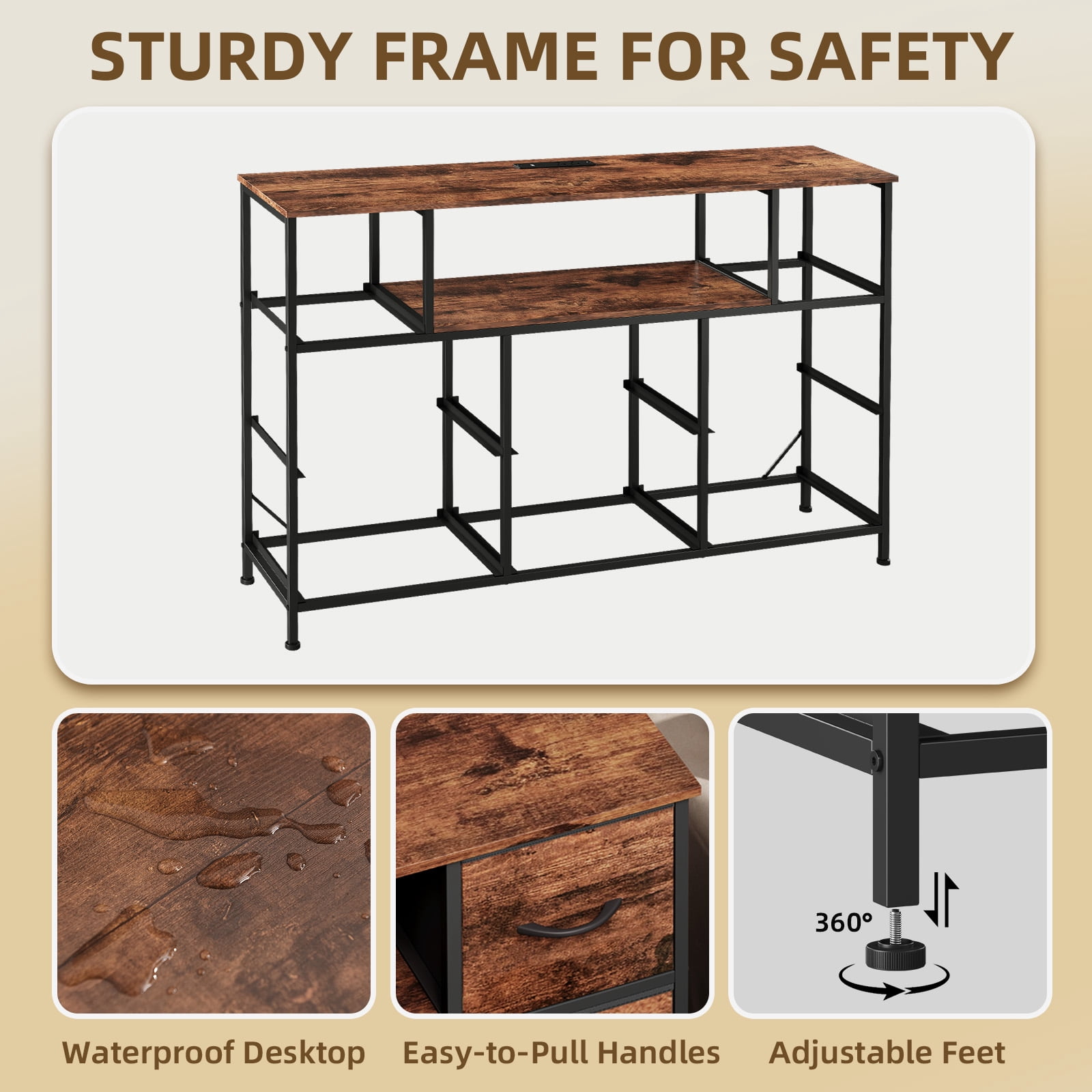 Eunos Tv Stands for 65" Tv with 8 Drawers, LED & Power Outlets for Bedroom, Living Room, Wood Grain Print