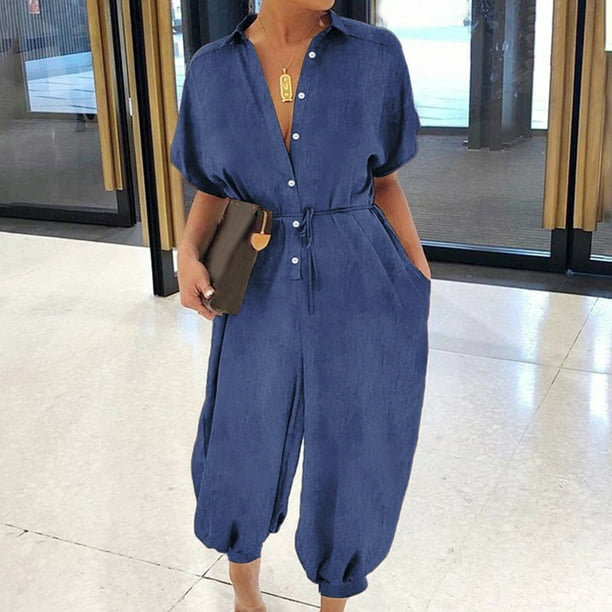 ICHUANYI Clearance Women Plus Size Overalls Casual Loose Dungarees Romper Baggy Playsuit Jumpsuit(Dark Blue, XXL) ICHUANYI WER2023081509129