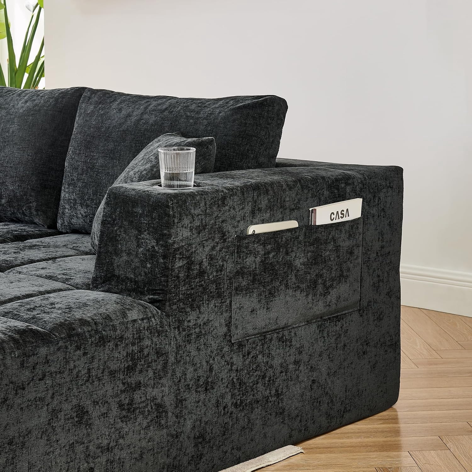 Howcool 132" U-Shaped Modular Cloud Couch, Oversized Deep Seat Chenille Sectional Sofa with Double Chaise, Boneless Comfy Couch with Cup Holders & Side Pockets, No Assembly Required, Black