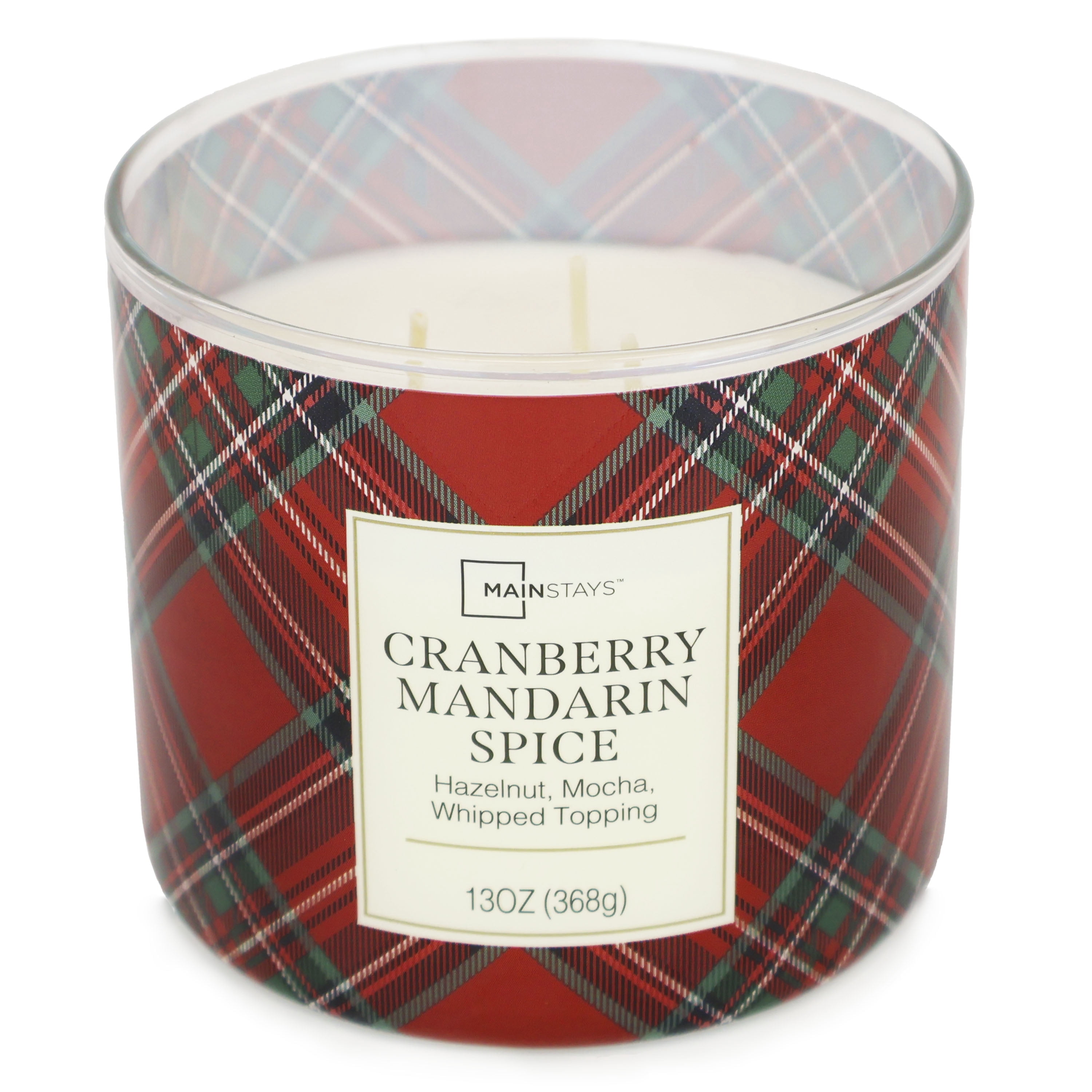 Mainstays Cranberry Mandarin Spice Plaid 3-Wick Jar Candle, 13 Ounce