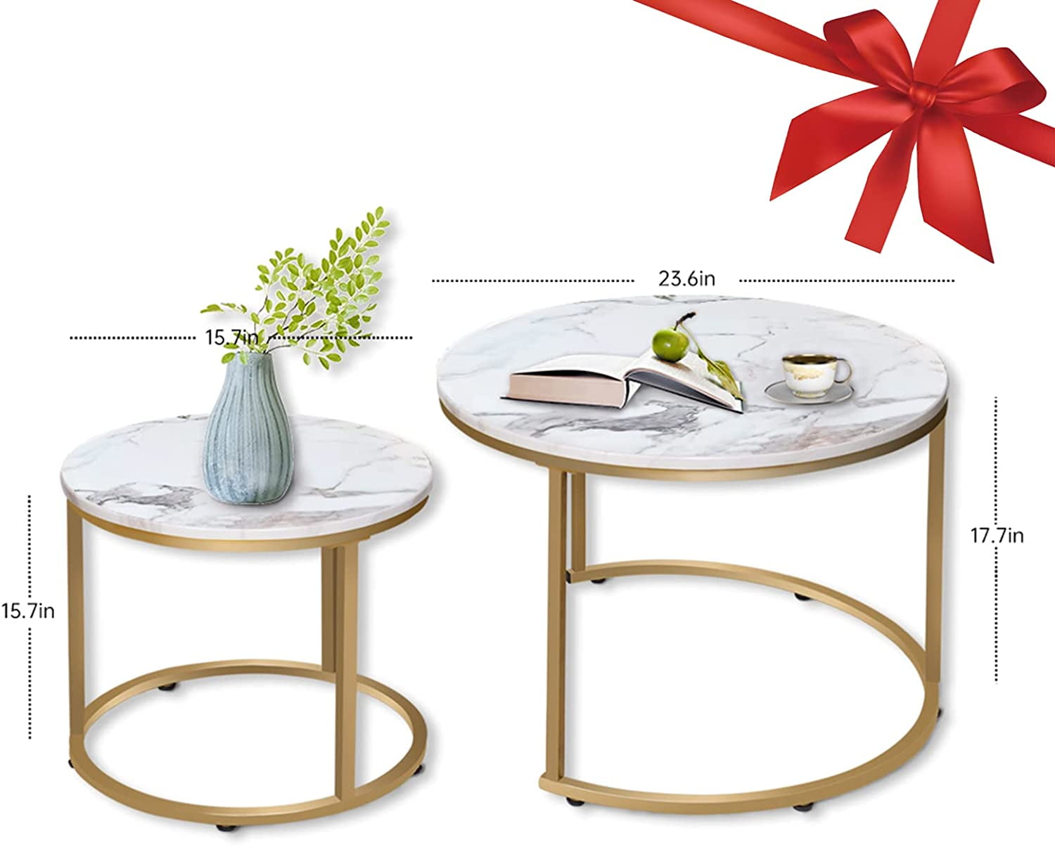 Callalily Round Coffee Table Set of 2 Modern Nesting Golden Frame Circular and Marble Pattern Wooden Stacking Accent Coffee Tables Metal Frame for Apartment Living, White