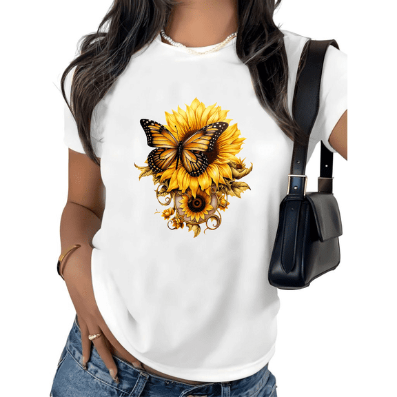 UNISHE Women's Sunflower Monarch Butterfly Vintage Graphic Short Sleeve T-Shirt Retro Floral Cotton Crewneck Top