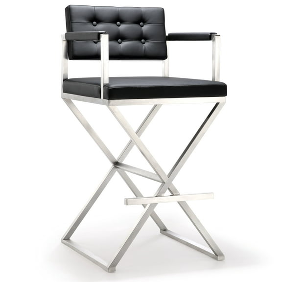 TOV Furniture Director Black Vegan Leather Barstool with Silver Legs