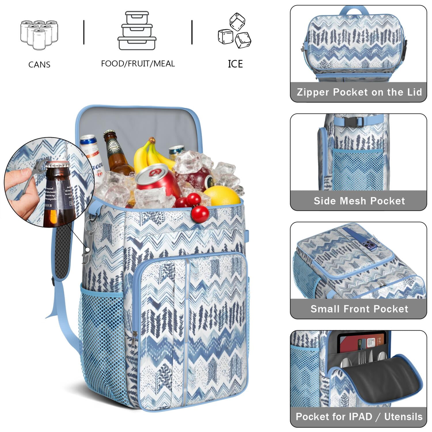 Travel Cooler Bag - Boho Bohemia Pioneer Flower Geometric Line Art Camping Beer Cooler Backpack with Bottle Opener- Waterproof Insulated Picnic Backpacks - Cooler Bag for Beach