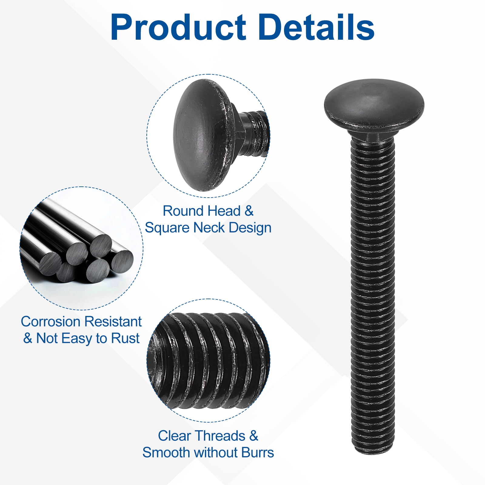 Uxcell 25Pack 3/8"-16x4-1/2" Carbon Steel Carriage Bolts Round Head Square Neck, Black