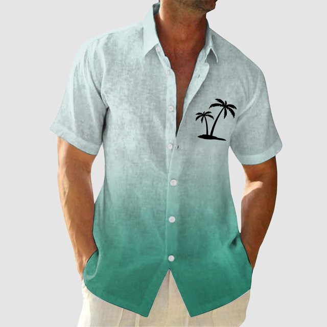 toraway Fall Clothes Men's T Shirts Short Sleeve Slim Arm Fit Men Short Sleeved Fashionable Color Gradient Printed Coconut Tree Pattern Men Seaside Beach Shirt XXXL