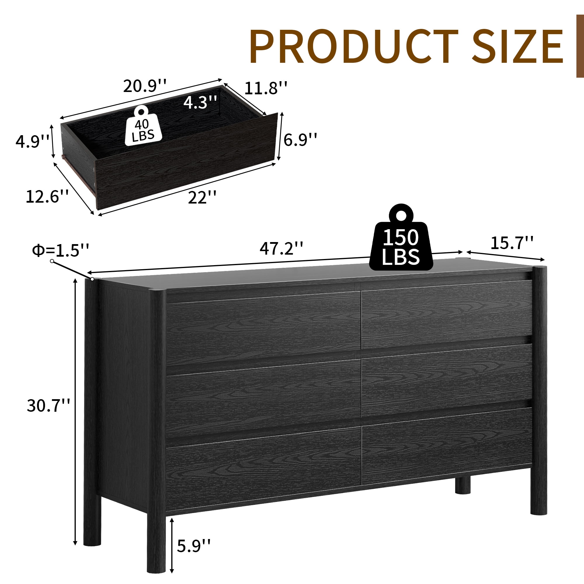 HOUROM Dresser for Bedroom,6-Drawers,47" Wide Farmhouse Large Dressers & Chest,4 Solid Wood Legs,TV Stand, Storage Organizer Furniture for Bedroom(Black)