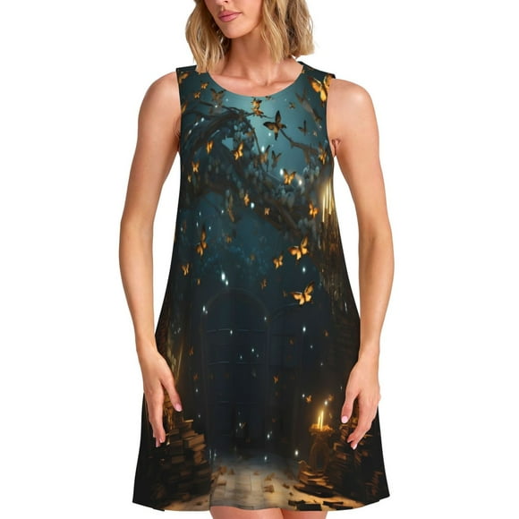 Vsdgher Magical Library Butterfly Night Print Summer Dresses for Women Casual U Neck Beach Dress Sleeveless Tank Loose Sundress with Pocket