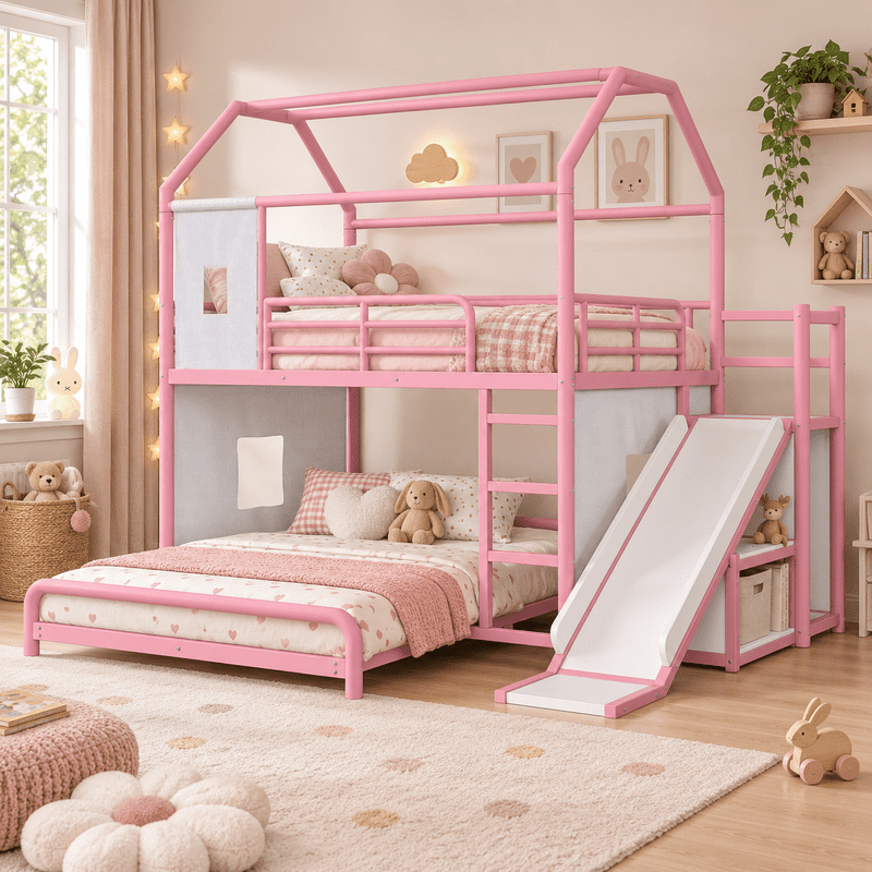 Full Over Full Metal Bunk Bed with Slide, Ladder, LED Light, Privacy Curtain and Movable Storage Cabinet, House-Shaped Kids Bunk Bed with Hanging Rod, No Box Spring Required