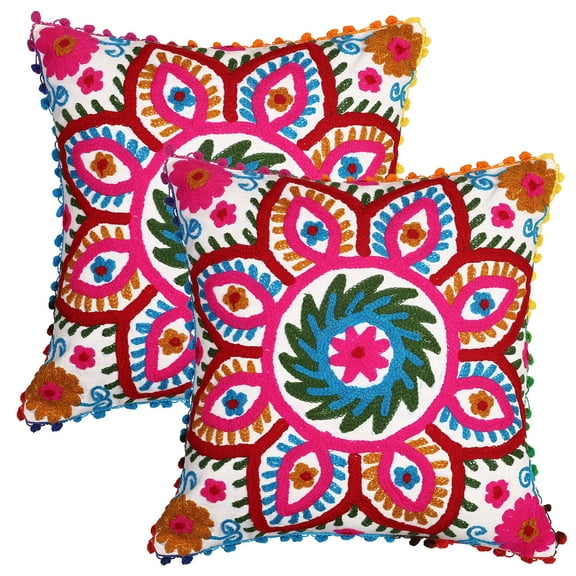 Stylo Culture Suzani Embroidered Sofa Throw Pillow Covers 16x16 Ethnic White Red Stylish 40 x 40 cm Pom Pom Lace Cotton Floral Square Cushion Covers | Set Of 2