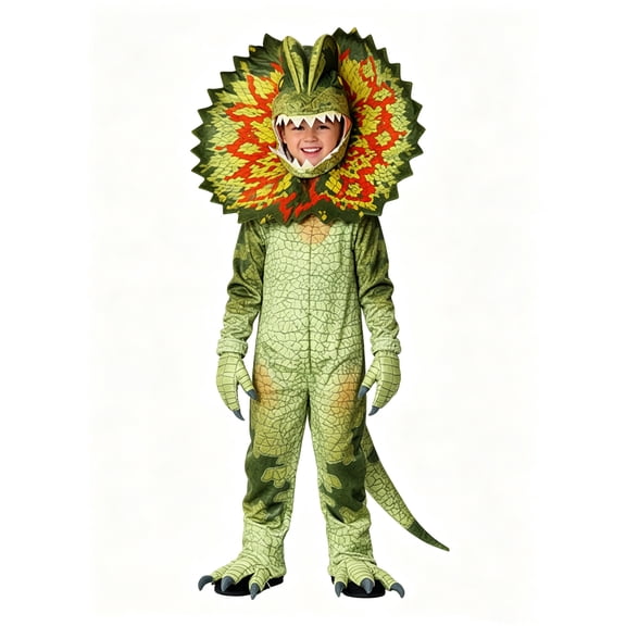 Dilophosaurus Dinosaur Costume for k'ids, Realistic Frilled Dino Jumpsuit with Hood, Gloves and Shoe Covers, Halloween Ch'ild Cosplay Outfit