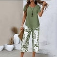 thumbnail image 5 of Snorda Pants Set for Women Short Sleeve Irregular Hem Top High-Waisted Leaf Print Capris Pants Summer Ladies Casual Matching Loungewear Outing Set, 5 of 6