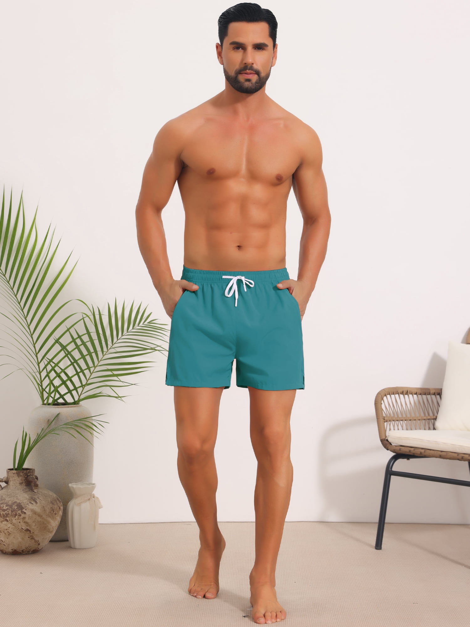DARING DIVA Men's Summer Beach Elastic Waist Solid Board Shorts with Pocket 34 Lake Blue