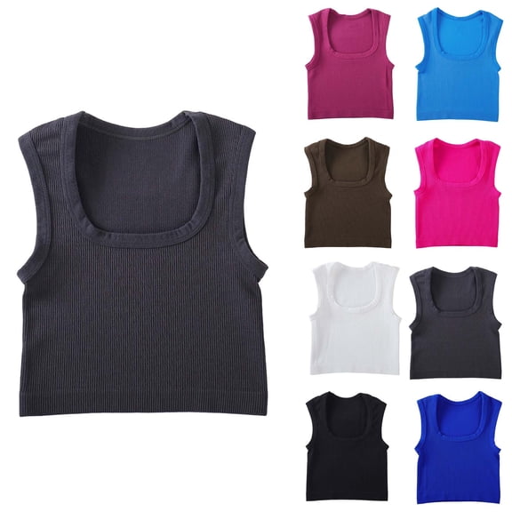 Miluxas Womens Seamless Ribbed Crop Tank Tops Casual Square Neck Going Out Tops Solid Basic Tank Workout Tops White