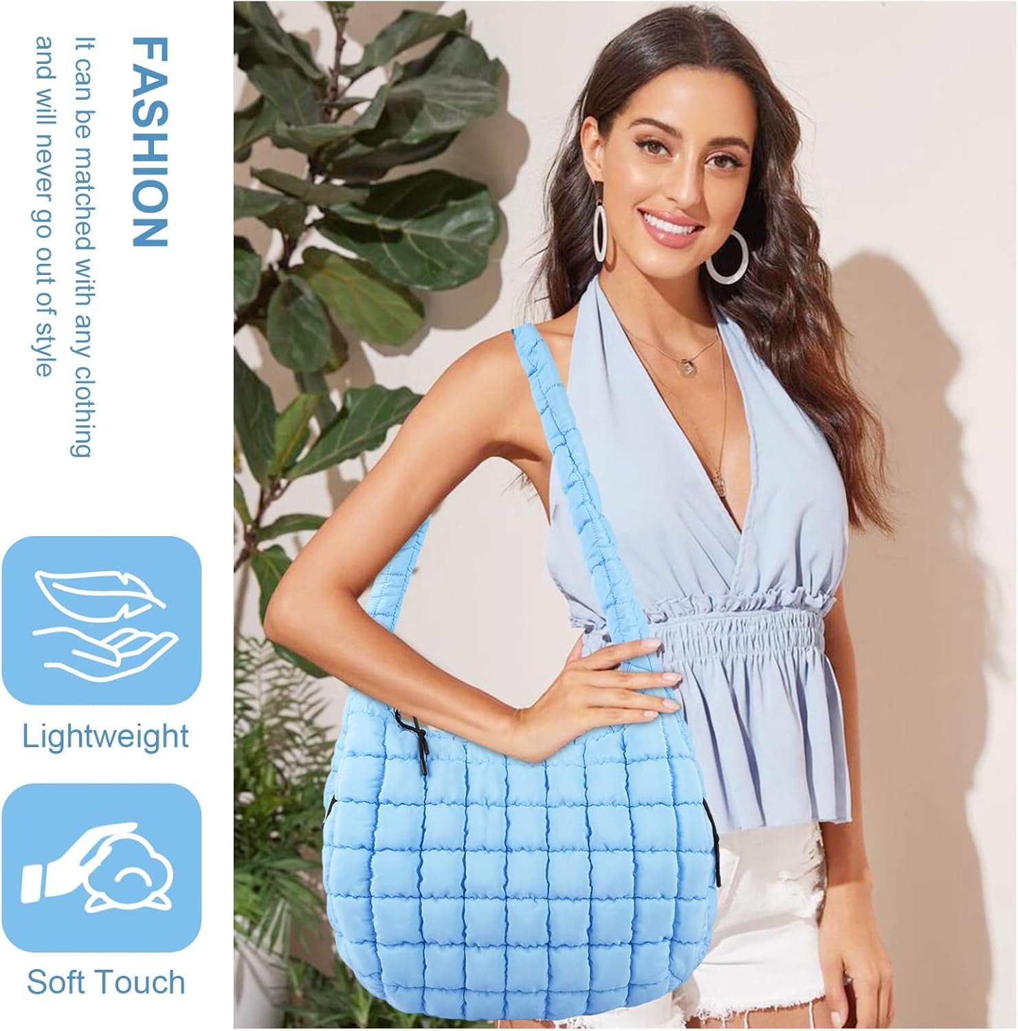 Lohol Quilted Puffer Tote Bag for Women - Large Crossbody Bag, Lightweight Nylon Puffy Carryall Hobo Puff Shoulder Bag-Blue