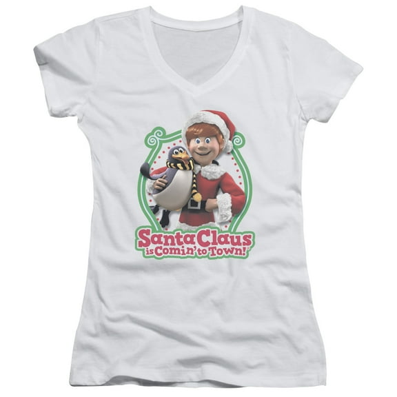 Santa Claus Is Comin To Town - Penguin - Juniors Cap Sleeve V-Neck Shirt - XX-Large