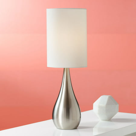 360 Lighting Modern Accent Table Lamp Brushed Steel Metal Teardrop White Cylinder Shade for Living Room Family Bedroom