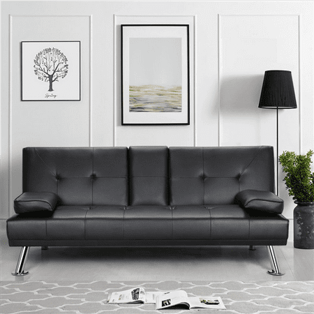 Patio Sleeper Sofa Yaheetech Futon Couch Bed, Reclining Futon Sofa Couch Lounger Sleeper Furniture w/Chrome Legs - Black ()