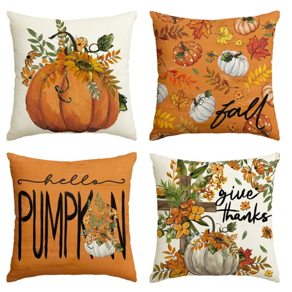 Sm:)e Watercolor Hello Pumpkin Sunflower Cross Give Thanks Fall Pillow Covers Thanksgiving 18 x 18 Inch Set of 4 Orange