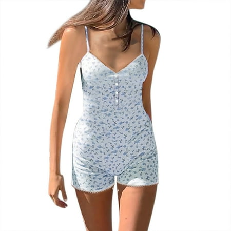 

Off The Shoulder Jumpsuits For Women Print Sleeveless V Neck Bodycon Shorts Bodysuit Onesie Pajamas Romper Black S